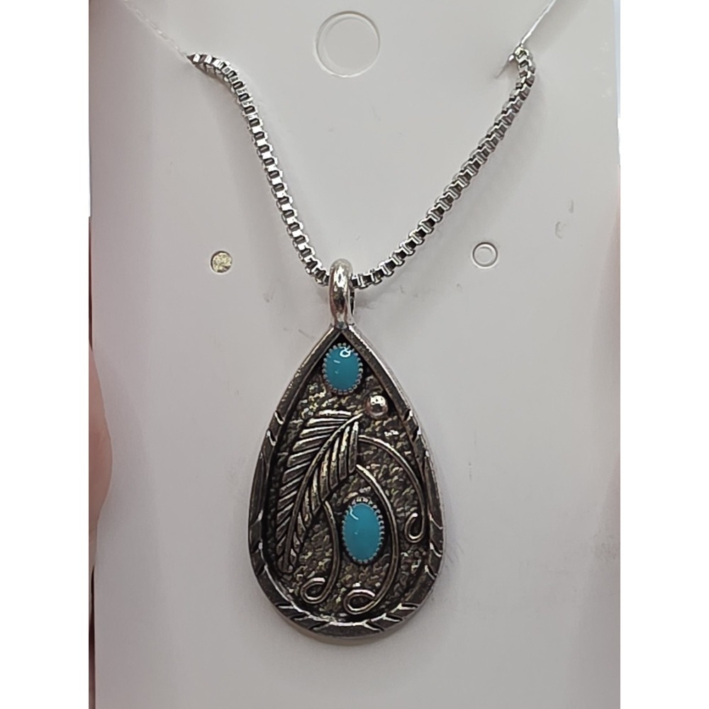 Bohemian Faux Turquoise Feather Silvertone Necklace